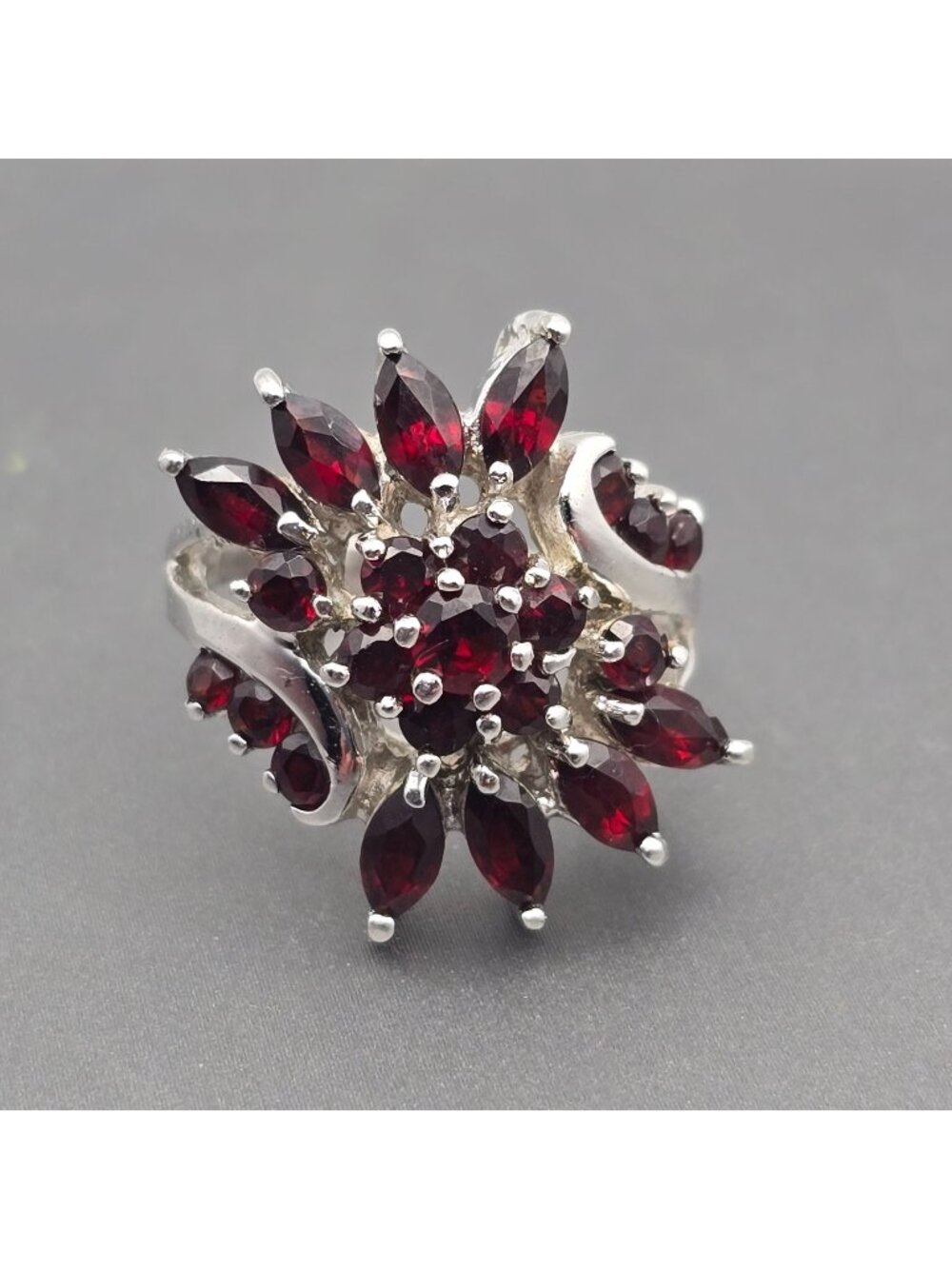 Vintage 925 Sterling Silver Garnet Cluster Cocktail Ring Size 8.5 Signed MLOF